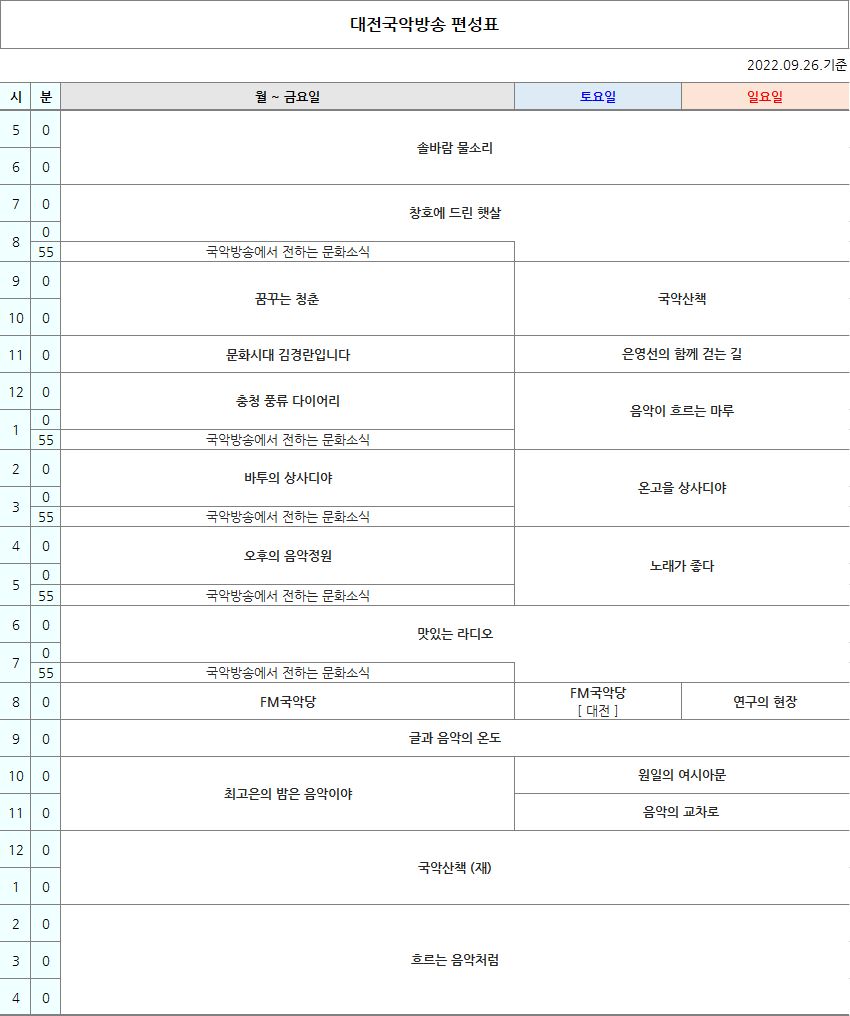 국악방송 | 라디오 | 편성표