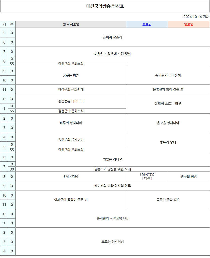 국악방송 FM라디오 대전편성표