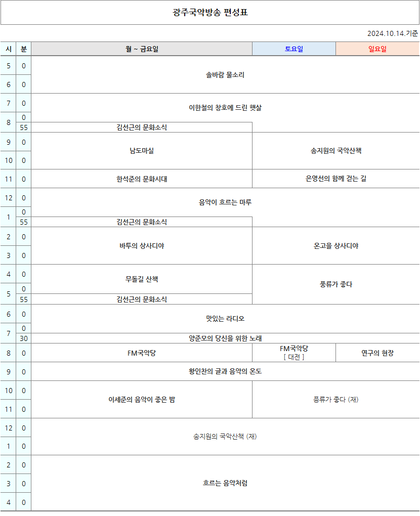 국악방송 FM라디오 광주편성표